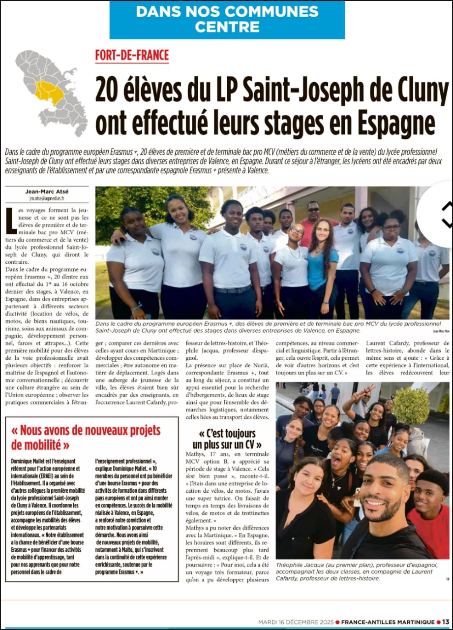 20 élèves du LP Saint-Joseph de Cluny ont effectué leurs stages en Espagne — France-Antilles Martinique, 16 décembre 2025